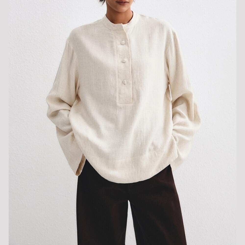 Cream Woven Stand Collar Button Placket Long Sleeve Tunic Blouse